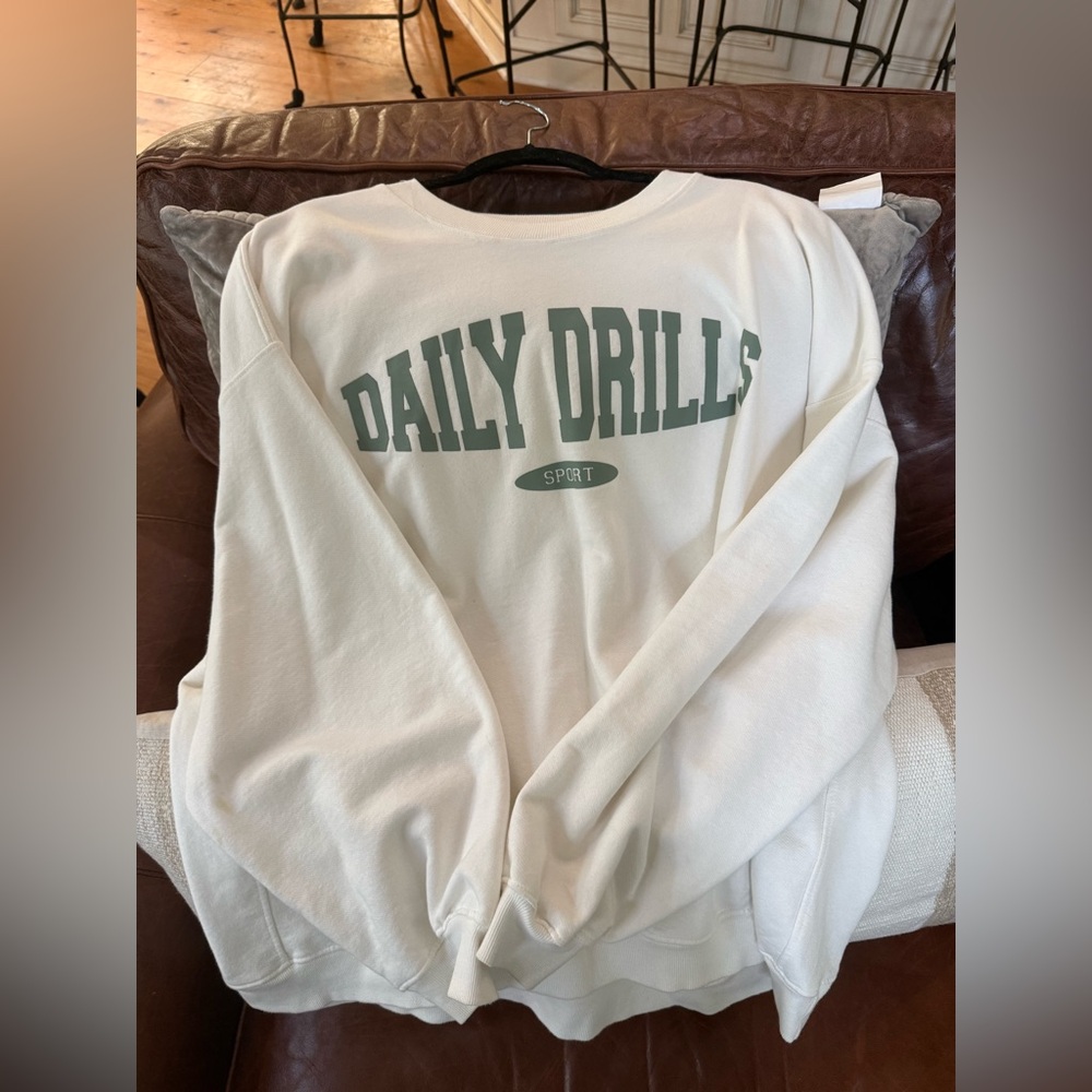 Daily Drills White Crew Neck Sweater with Collegiate Graphic